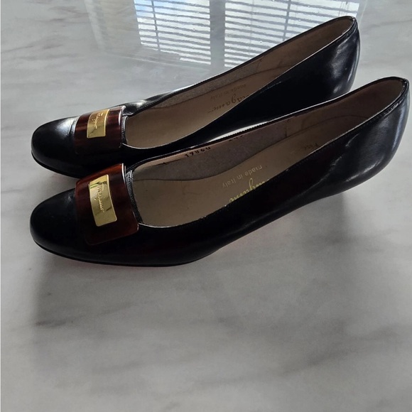 VTG Salvatore Ferragamo Pumps 6.5A Women Leather Logo Tortoise Block Heels - Picture 8 of 16